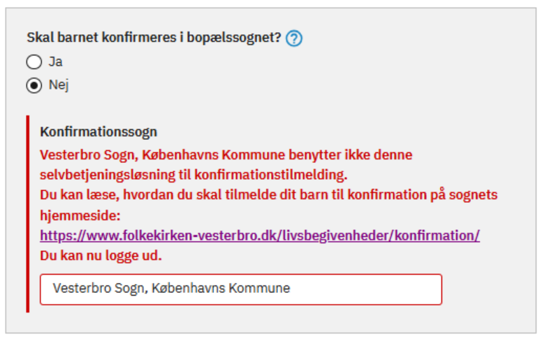 Billede af besked, hvis det sogn, der vælges ikke anvender en selvbetjening