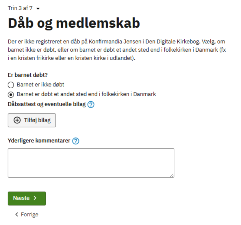 billede viser et felt der er udfyldt af forælder, at barnet er døbt andetsteds.