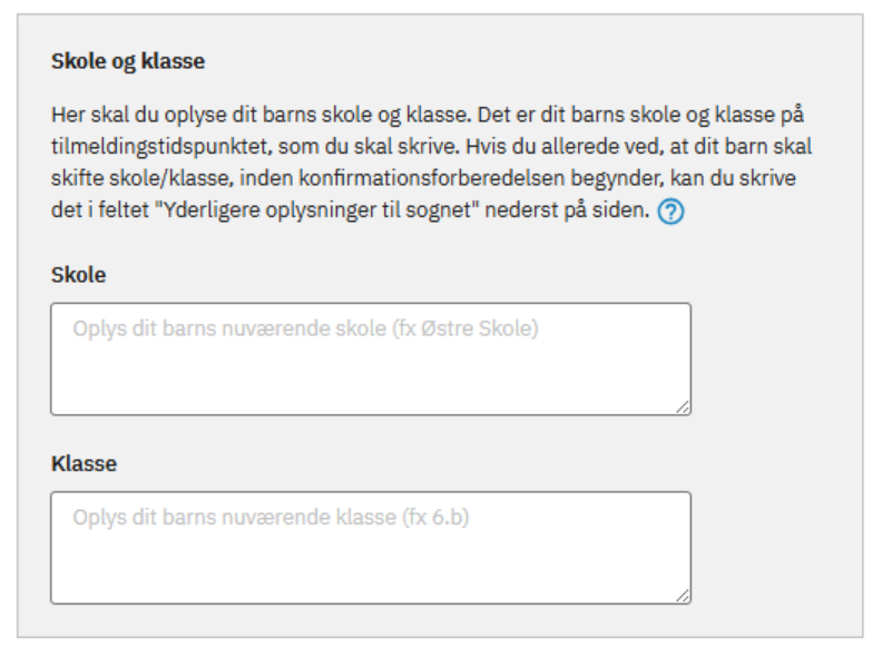 Billede af felter til udfyldelse af skole og klasse