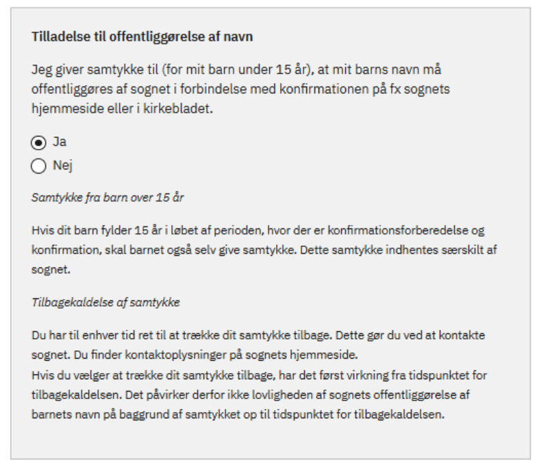 Slutbillede af formular med ja til tilladelse af offentliggørelse af navn