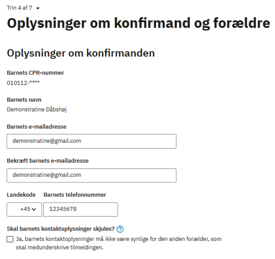 billede på kontaktoplysninger der er udfyldt for barnet af forælder