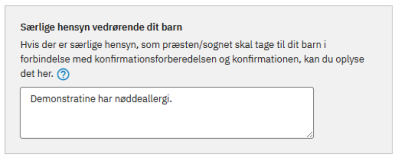 billede af felt til særlige hensyn udfyldt af forældrene