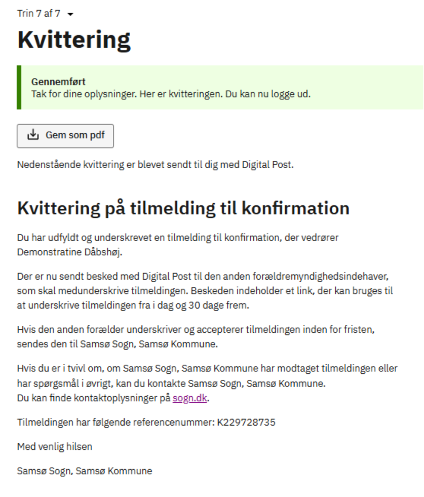 Billede af kvittering på at tilmeldingen er gjort
