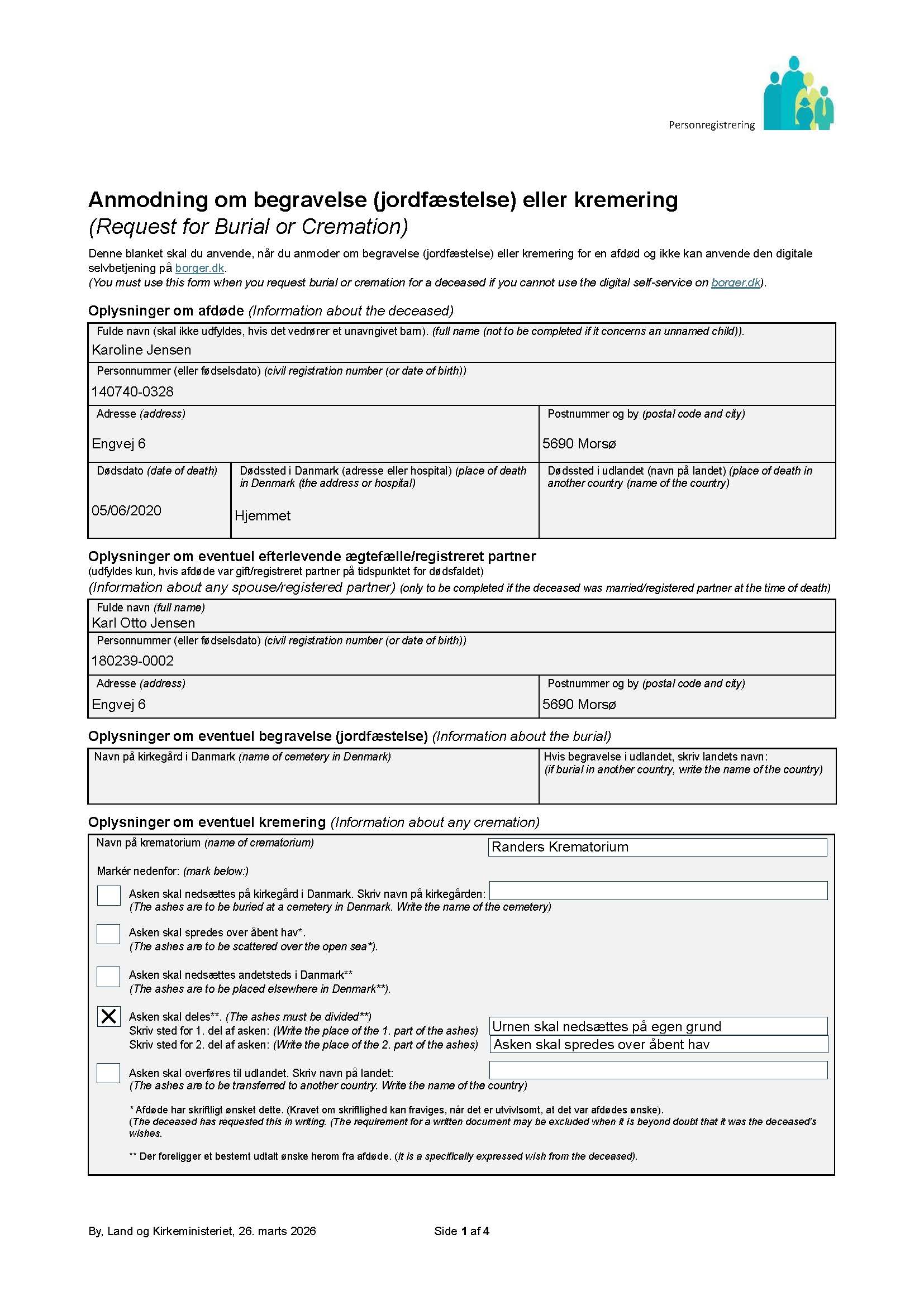 Anmodning om begravelse (jordfæstelse) eller kremering - Askedeling - Nedsættelse på privat grund_Side_1.jpg